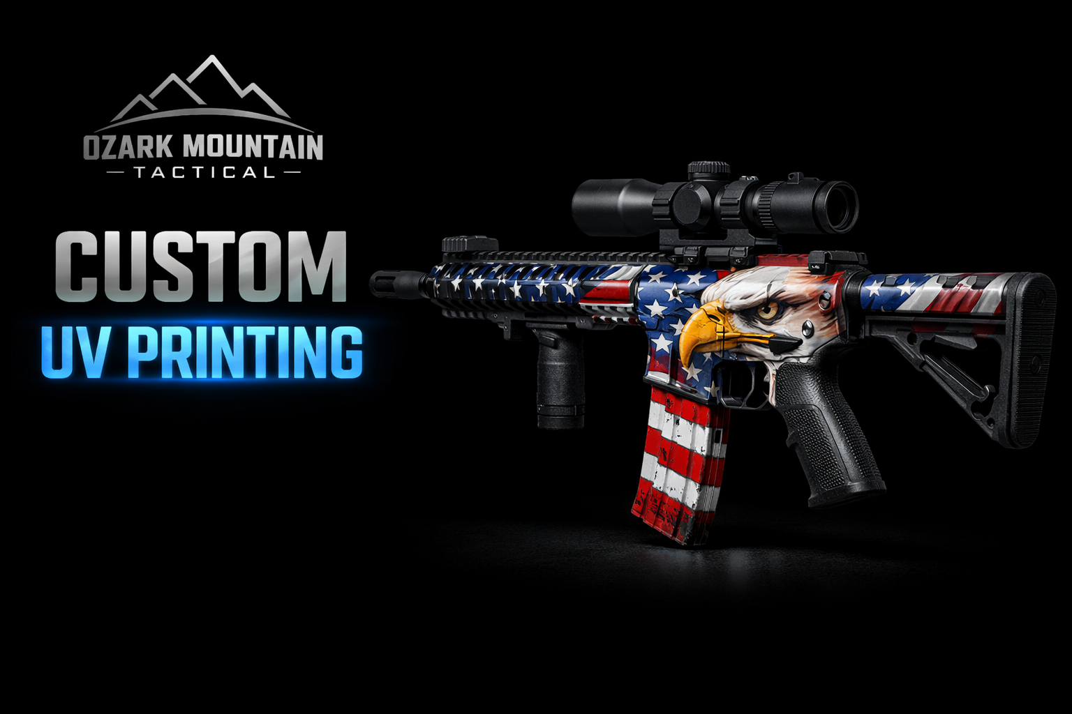 Custom firearm with American flag design and 'Ozark Mountain Tactical' branding on a black background.